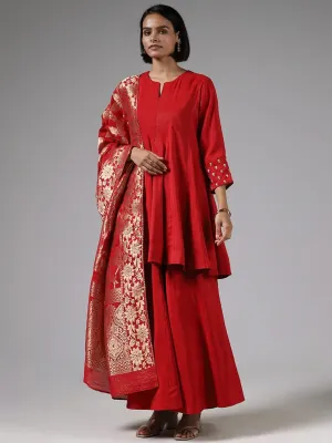 Vark Red Embroidered Kurta, Palazzos and Brocade Dupatta