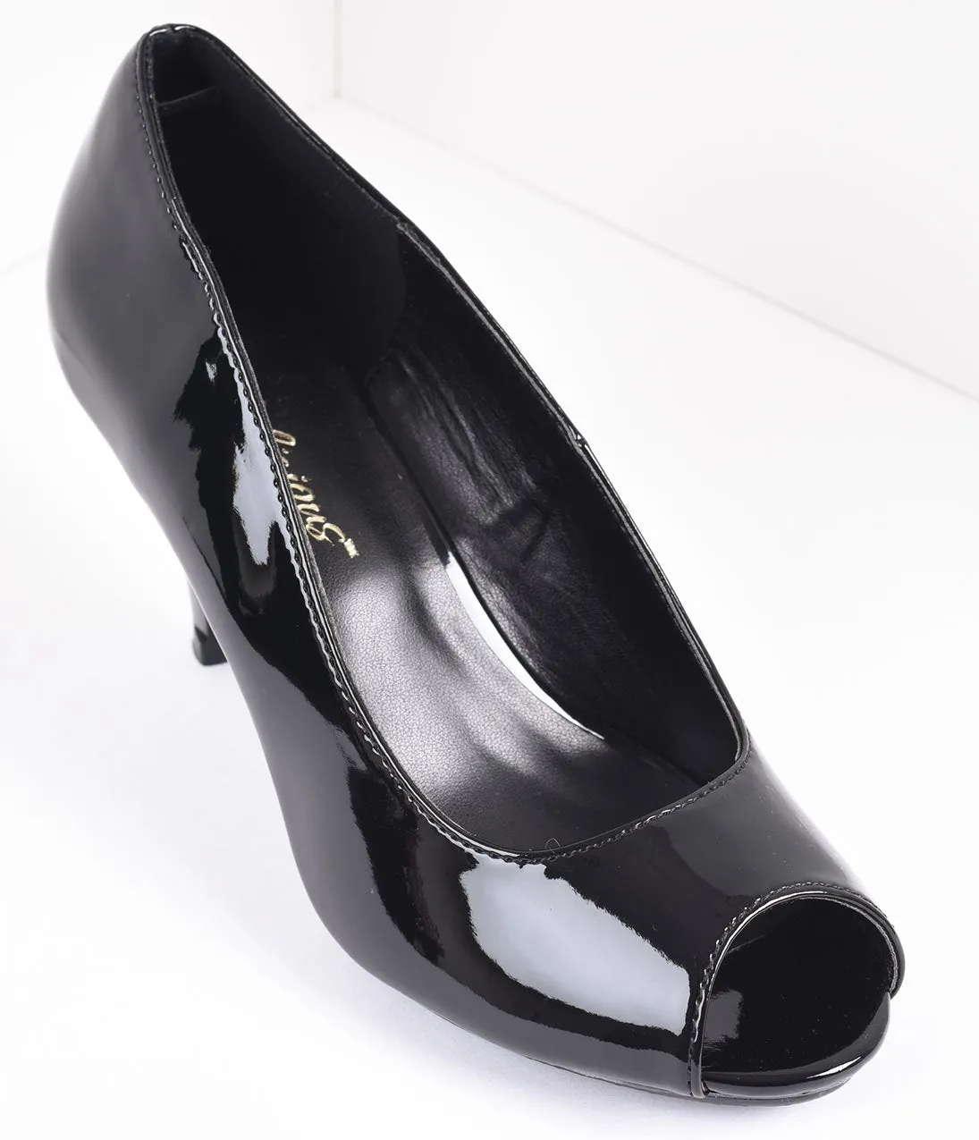 Vintage Style Black Patent Leather Peep Toe Pump