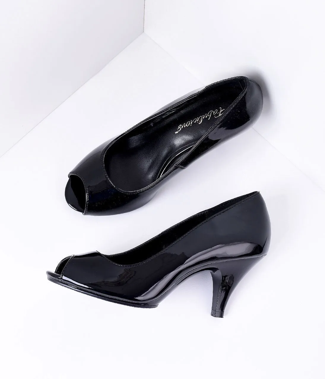 Vintage Style Black Patent Leather Peep Toe Pump