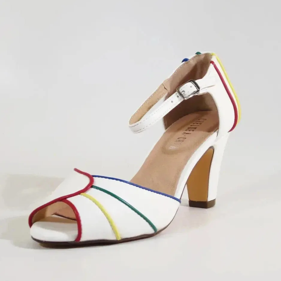 White Peep Toe Heels with Multicolor Piping by Chelsea Crew