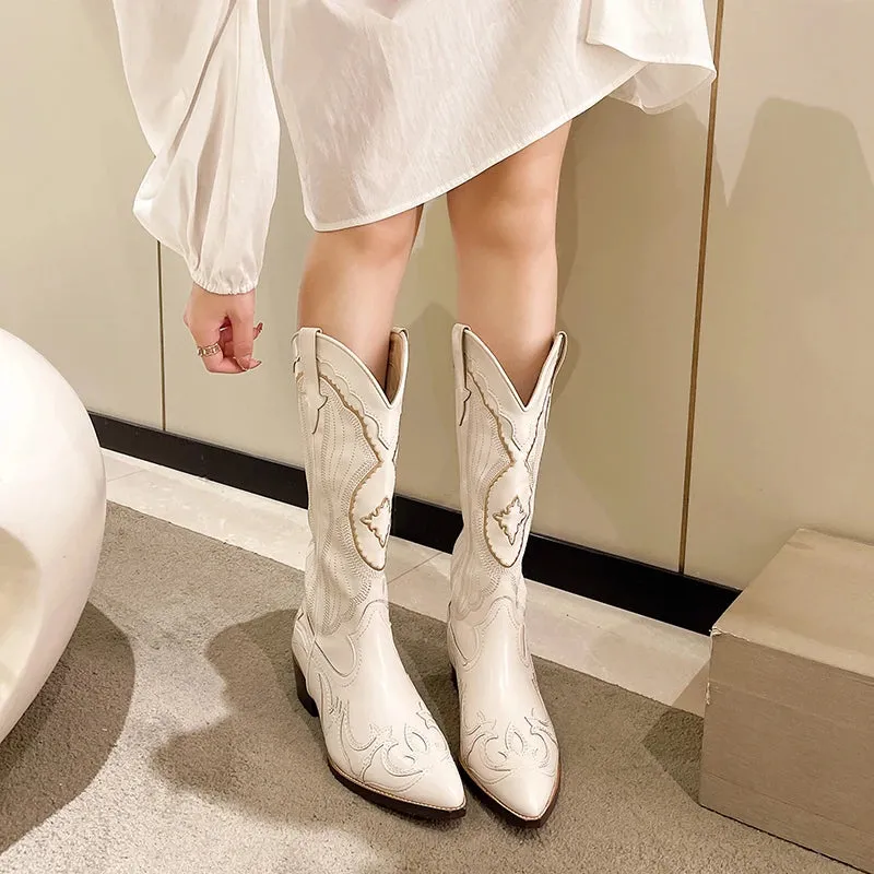 Women's Boots Retro White Knee High Boots Western Cowboy Boot