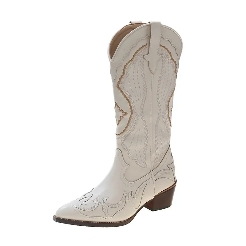 Women's Boots Retro White Knee High Boots Western Cowboy Boot